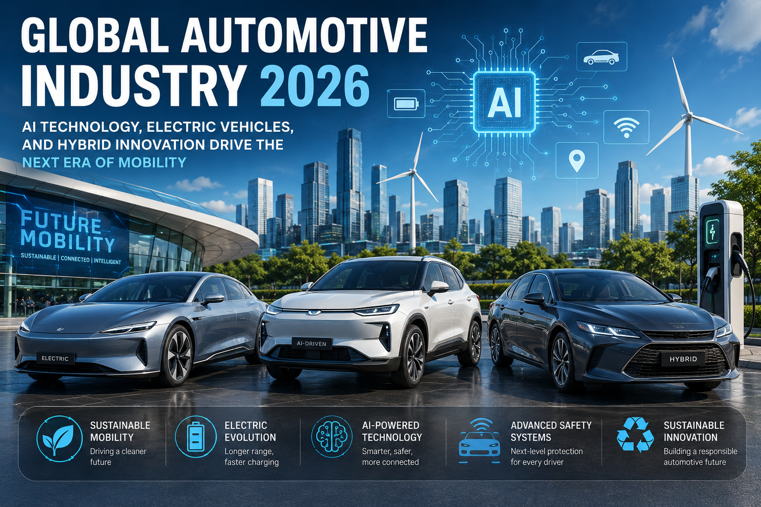 Modern electric vehicles displayed at an international automotive exhibition showcasing AI-powered technology and next-generation mobility.