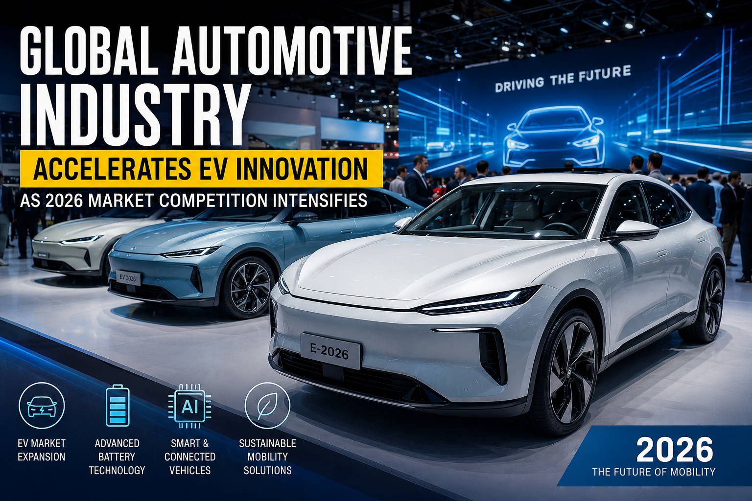 Modern electric vehicles showcased at an international automotive exhibition highlighting EV innovation in 2026.